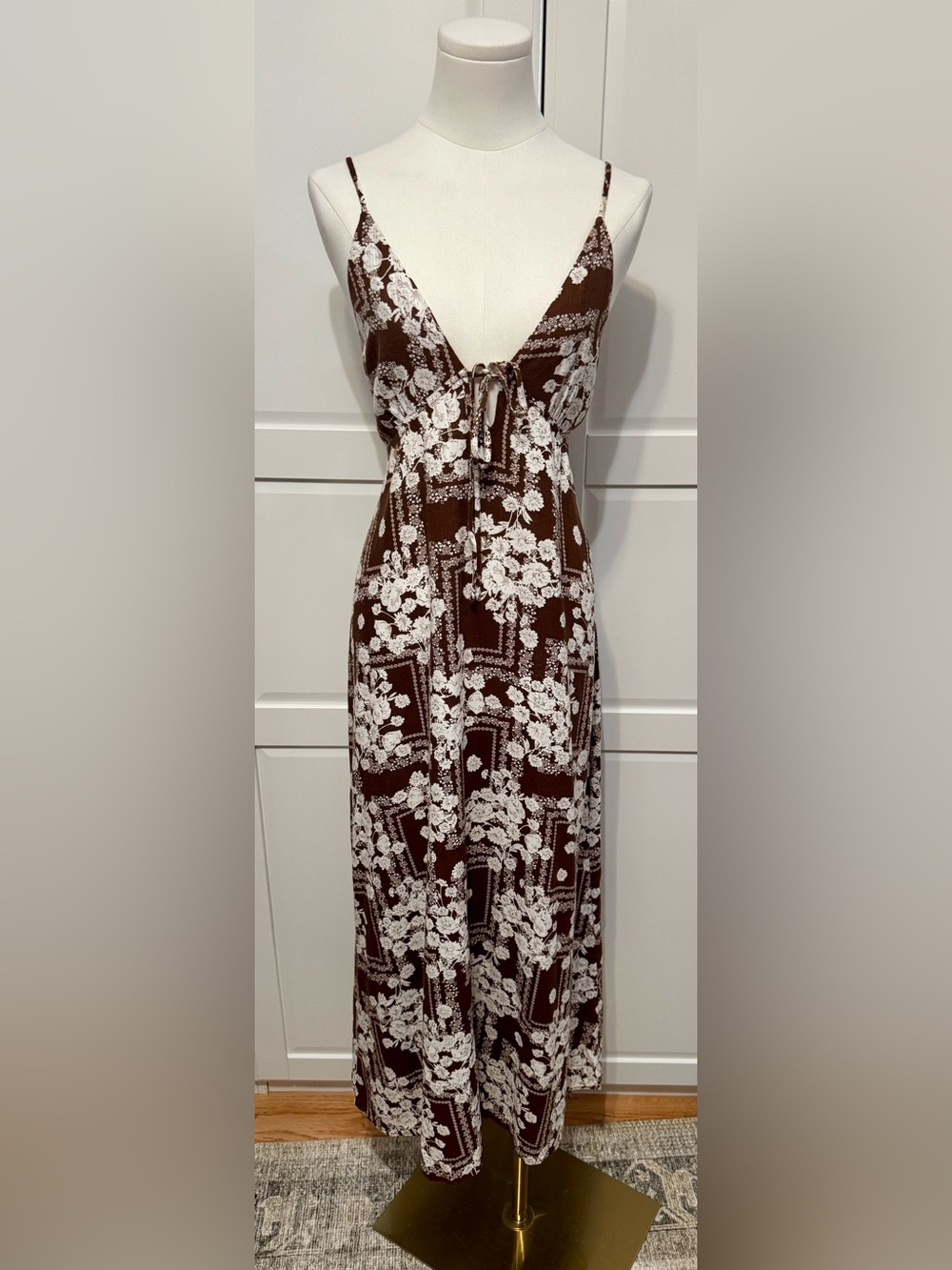 Anthropologie Paper Heart Botanical Stamp Brown Maxi Dress Spaghetti Straps L‎ - Picture 2 of 6